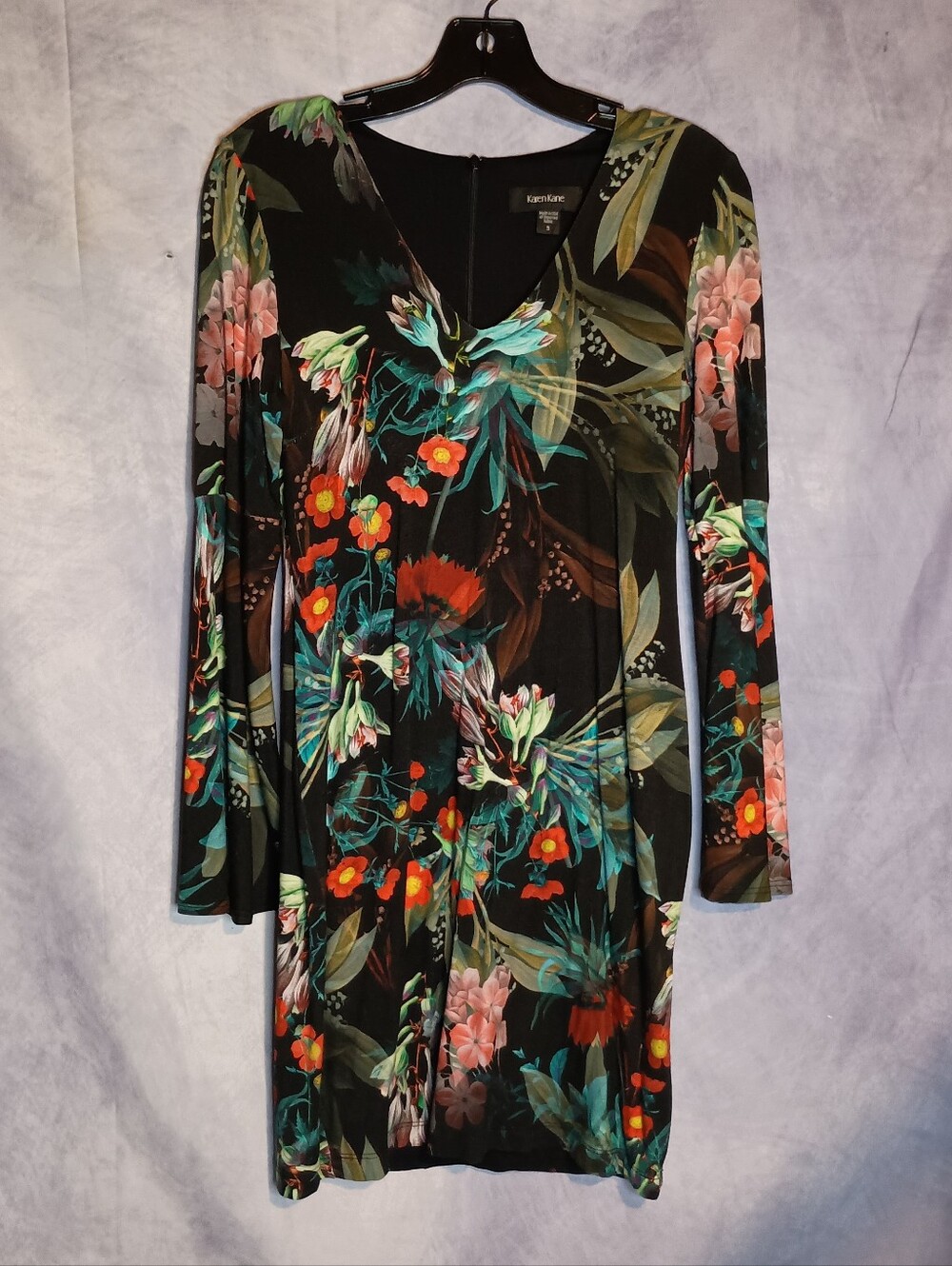 Karen Kane Floral Long Sleeve Sheath Dress Botanical Print Bodycon Midi Dress